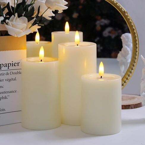 Remote Flameless Flickering Pillar Candles with Candle Grease Effect,Pack of 3 Ivory LED Battery Oprated 2/4/6/8 Hours Timer Real Wax Electric Candles(3x4,5,6 Inches) in Saudi Arabia