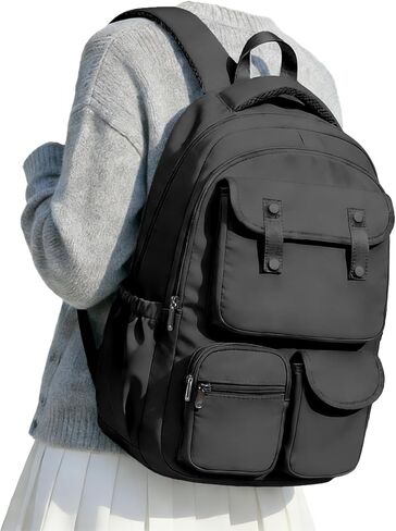 Black Backpack for College Students Women Men, Aesthetic School Backpack with Lots of Pocket, Cute bookbag for Teens Boys Girls, Casual Daypack Middle School Bag in Saudi Arabia