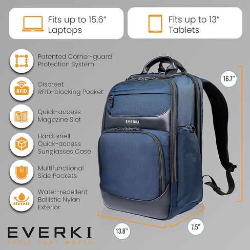EVERKI Executive Travel Bundle – 15.6 Inch Onyx Laptop Backpack Navy (EKP132N), RFID Slim Wallet & Mesh Travel Cord Organizer, Premium Laptop Backpack & Accessories, Business Essentials for Men in Kuwait
