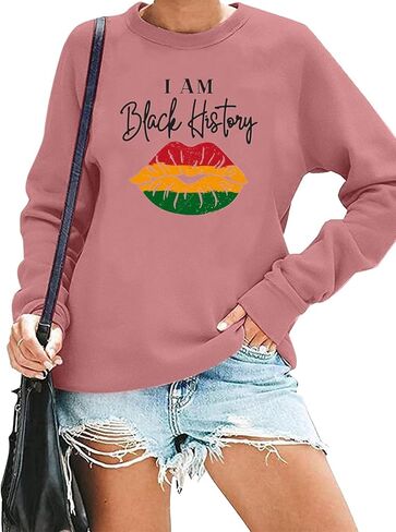 سويت شيرت نسائي أسود لشهر التاريخ أنا أسود بحروف تاريخية وبلوفرات بأكمام طويلة ورسومات أفريقية in Kuwait
