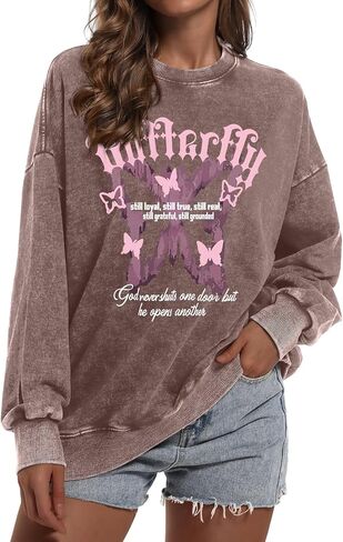 Oversized Christian Sweatshirts For Women Acid Wash Vintage Butterfly Graphic Sweatshirt Baggy Long Sleeve Shirts in Kuwait