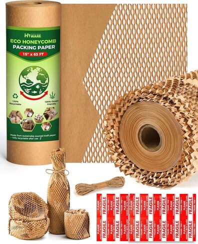 Honeycomb Packing Paper 15''* 63ft, Recyclable Packing paper with Rope and 20 Fragile Stickers, Bubble Wrap for Moving, Tear-resistant Packing Supplies for Moving, Small Business and Artwork in Kuwait