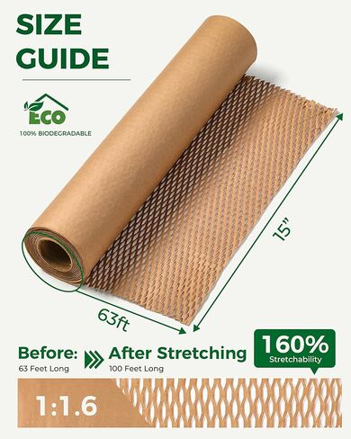 Honeycomb Packing Paper 15''* 63ft, Recyclable Packing paper with Rope and 20 Fragile Stickers, Bubble Wrap for Moving, Tear-resistant Packing Supplies for Moving, Small Business and Artwork in Kuwait