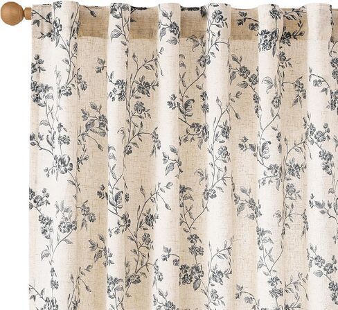 Lazzzy Farmhouse Linen Curtains Black Floral Curtains 96 Inch Length Back Tab Drapes for Living Room Bedroom Light Filtering Country Vintage Rod Pocket, 2 Panels, Black on Beige in Kuwait