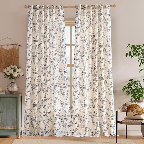 Lazzzy Farmhouse Linen Curtains Black Floral Curtains 96 Inch Length Back Tab Drapes for Living Room Bedroom Light Filtering Country Vintage Rod Pocket, 2 Panels, Black on Beige in Kuwait