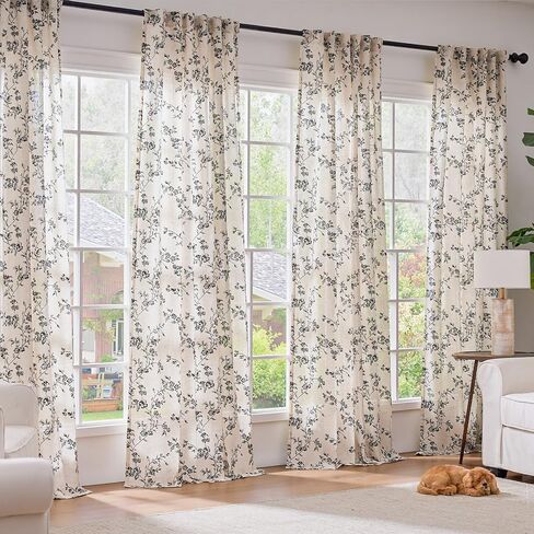 Lazzzy Farmhouse Linen Curtains Black Floral Curtains 96 Inch Length Back Tab Drapes for Living Room Bedroom Light Filtering Country Vintage Rod Pocket, 2 Panels, Black on Beige in Kuwait