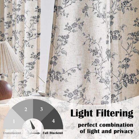Lazzzy Farmhouse Linen Curtains Black Floral Curtains 96 Inch Length Back Tab Drapes for Living Room Bedroom Light Filtering Country Vintage Rod Pocket, 2 Panels, Black on Beige in Kuwait