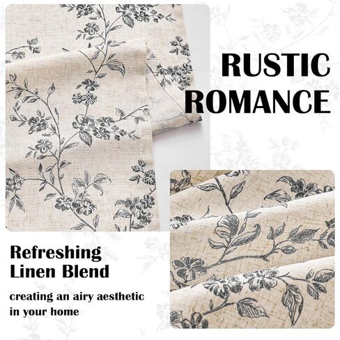 Lazzzy Farmhouse Linen Curtains Black Floral Curtains 96 Inch Length Back Tab Drapes for Living Room Bedroom Light Filtering Country Vintage Rod Pocket, 2 Panels, Black on Beige in Kuwait