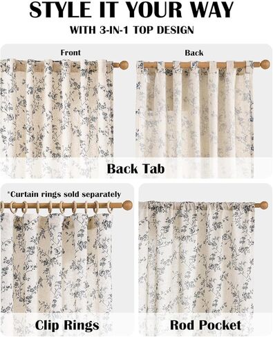 Lazzzy Farmhouse Linen Curtains Black Floral Curtains 96 Inch Length Back Tab Drapes for Living Room Bedroom Light Filtering Country Vintage Rod Pocket, 2 Panels, Black on Beige in Kuwait