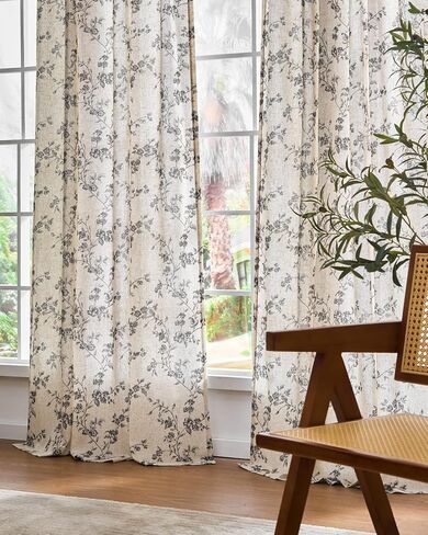 Lazzzy Farmhouse Linen Curtains Black Floral Curtains 96 Inch Length Back Tab Drapes for Living Room Bedroom Light Filtering Country Vintage Rod Pocket, 2 Panels, Black on Beige in Kuwait