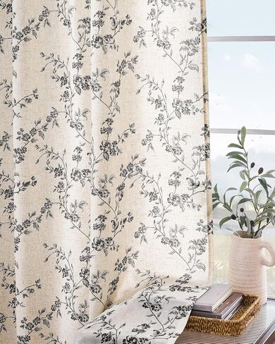 Lazzzy Farmhouse Linen Curtains Black Floral Curtains 96 Inch Length Back Tab Drapes for Living Room Bedroom Light Filtering Country Vintage Rod Pocket, 2 Panels, Black on Beige in Kuwait