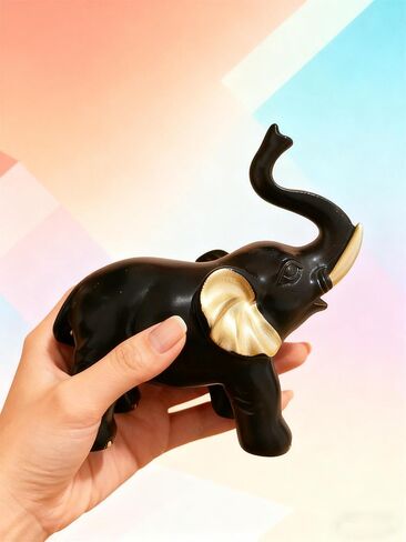 تمثال فيل أسود الحظ والغموض مع آذان ذهبية، تمثال ديكور منزلي من الراتنج من أجل الحظ السعيد، مكتب المكتب، زخرفة الرف، هدية الانتقال لمنزل جديد in Kuwait
