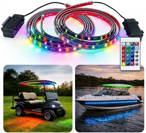 أضواء مظلة عربة الجولف التي تعمل بالبطارية، 2 حزمة 4FT IP68 شريط إضاءة لسقف عربة الجولف مقاوم للماء بالكامل مع جهاز تحكم عن بعد، مصابيح شريط LED تحت توهج RGB لعربات الجولف EZGO Yamaha Marine Boat Kayak SUP UTV in Kuwait