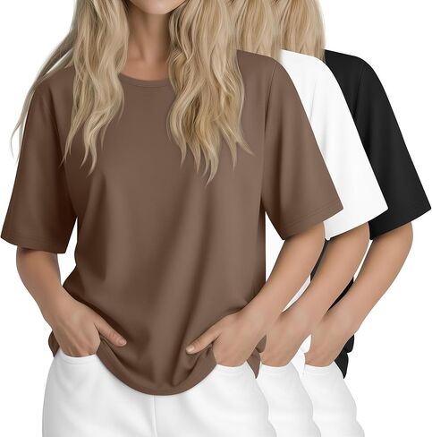 Huukeay 3 Pcs Womens Half Sleeve Top Elbow Length T Shirt Women Round Neck Basic T Shirt Summer Casual Blouses in Kuwait