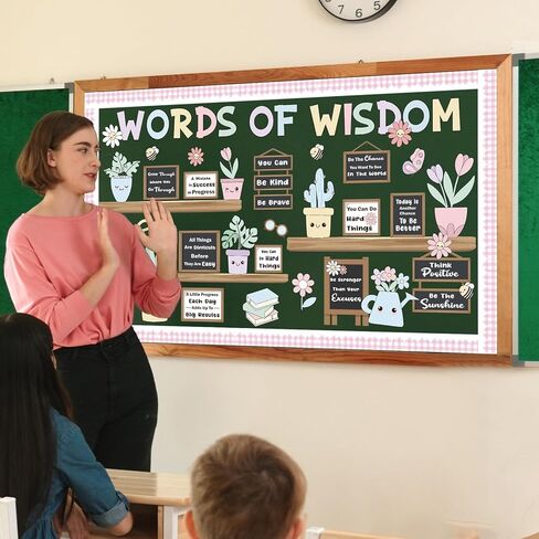 Spring Bookshelf Bulletin Board Set Pastel Motivational Words of Wisdom Classroom Decoration Inspirational Positive Potted Plant Flowers Cutouts for School Office Home Library Chalkboard Wall Decor in Kuwait
