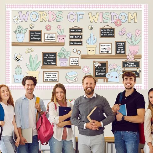 Spring Bookshelf Bulletin Board Set Pastel Motivational Words of Wisdom Classroom Decoration Inspirational Positive Potted Plant Flowers Cutouts for School Office Home Library Chalkboard Wall Decor in Kuwait