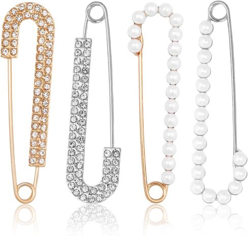 4 Pieces Women Fashion Brooch Pins Decorative Faux Crystal and Pearl Candy Cane Gold and Silver Safety Pins Clips for Sweaters Shirts Dresses Scarves Bags Hats Clothes Jackets Blouses in Kuwait