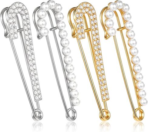4 Pcs Decorative Safety Pins, Brooche Pins Sweater Shawl Clips Artificial Crystal Pearl Scarf Pins and Clips Elegant Pants Waist Tightener for Dress Skirt Shirt Jeans Costume Decoration in Kuwait