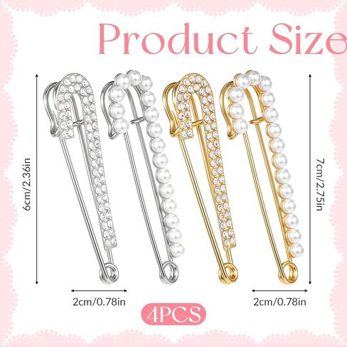 4 Pcs Decorative Safety Pins, Brooche Pins Sweater Shawl Clips Artificial Crystal Pearl Scarf Pins and Clips Elegant Pants Waist Tightener for Dress Skirt Shirt Jeans Costume Decoration in Kuwait