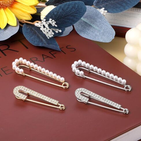 4 Pcs Decorative Safety Pins, Brooche Pins Sweater Shawl Clips Artificial Crystal Pearl Scarf Pins and Clips Elegant Pants Waist Tightener for Dress Skirt Shirt Jeans Costume Decoration in Kuwait