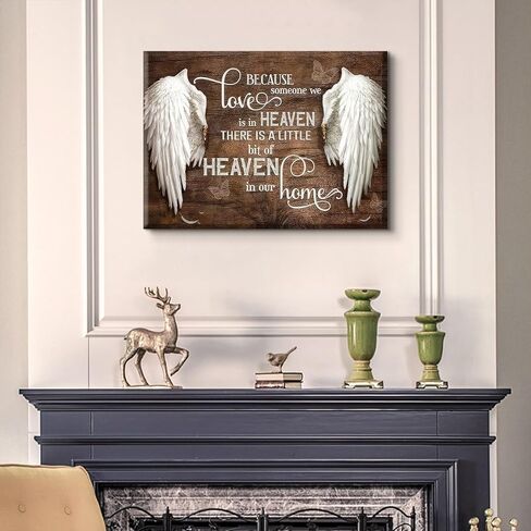 Memorial Angel Wings Wall Art Heavenly Love Home Pictures In Loving Memory Posters Paintings Because Someone We Love is in Heaven Canvas Prints Rustic Christian Memorial Wall Decor(16X12in Canvas) in Saudi Arabia