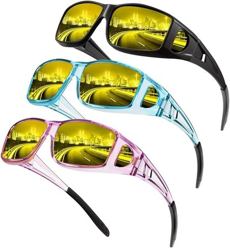 Over Glasses Night-Vision-Glasses Mens-Women: Wrap Around Fit Over Glasses Night Vision Glasses for Driving in Kuwait