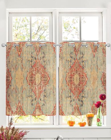 Geometric Boho Sheer Curtains 39 Inch Length 2 Panels Set, Grommet Kitchen Curtains Sheer Window Curtain for Living Room Bedroom Light & Airy Privacy Drapes Rustic Bohemian Floral Tribal Orange in Kuwait