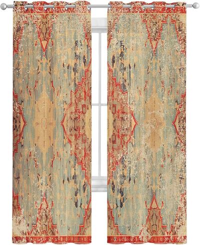 Geometric Boho Sheer Curtains 39 Inch Length 2 Panels Set, Grommet Kitchen Curtains Sheer Window Curtain for Living Room Bedroom Light & Airy Privacy Drapes Rustic Bohemian Floral Tribal Orange in Kuwait