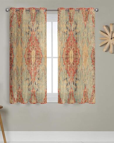Geometric Boho Sheer Curtains 39 Inch Length 2 Panels Set, Grommet Kitchen Curtains Sheer Window Curtain for Living Room Bedroom Light & Airy Privacy Drapes Rustic Bohemian Floral Tribal Orange in Kuwait
