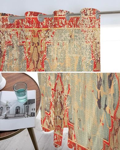 Geometric Boho Sheer Curtains 39 Inch Length 2 Panels Set, Grommet Kitchen Curtains Sheer Window Curtain for Living Room Bedroom Light & Airy Privacy Drapes Rustic Bohemian Floral Tribal Orange in Kuwait