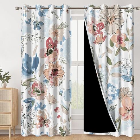 AWERT Spring Watercolor Flower Curtains 63 Inches Long 2 Panels Colorful Flowers Leaves Summer Romantic Blackout Window Treatments for Girls Women Living Room Bedroom Each Size 53x63 Inches in Saudi Arabia