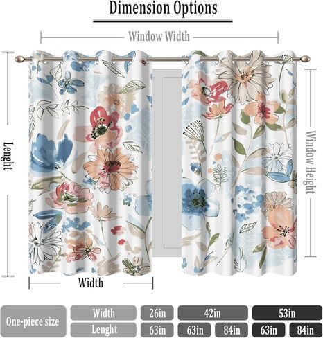 AWERT Spring Watercolor Flower Curtains 63 Inches Long 2 Panels Colorful Flowers Leaves Summer Romantic Blackout Window Treatments for Girls Women Living Room Bedroom Each Size 53x63 Inches in Saudi Arabia