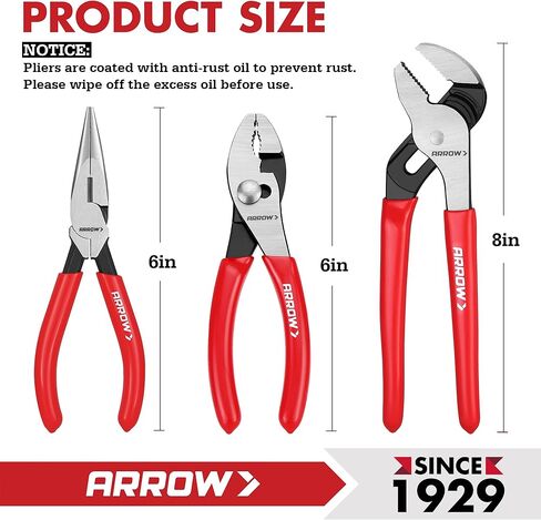 ARROW 3PCS Pliers Set, 6" Needle Nose Pliers, 6" Slip Joint, 8" Groove Joint with Non-slip Handle, Premium Carbon Steel, for Daily Repair & Home Maintenance in Kuwait