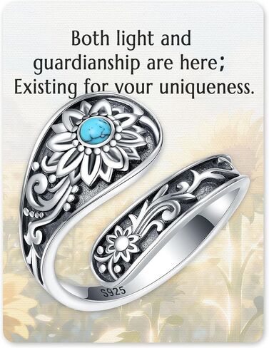 Sterling-Silver Sunflower Spoon Rings - Sunflower Turquoise Adjustable Ring Boho Victorian Vintage Flower Thumb Statement Rings Jewelry Gifts for Women in Kuwait