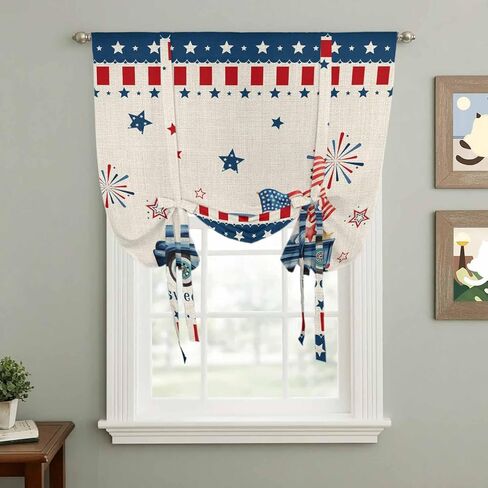 Independence Day Tie Up Curtains for Window, Blue Truck Firework Star Blue Red Flag Thermal Insulated Balloon Shade Adjustable Rod Pocket Curtains Valance Panels for Kitchen Bathroom Café 42'' x 63'' in Saudi Arabia