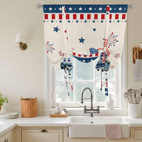 Independence Day Tie Up Curtains for Window, Blue Truck Firework Star Blue Red Flag Thermal Insulated Balloon Shade Adjustable Rod Pocket Curtains Valance Panels for Kitchen Bathroom Café 42'' x 63'' in Saudi Arabia