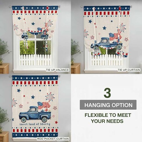 Independence Day Tie Up Curtains for Window, Blue Truck Firework Star Blue Red Flag Thermal Insulated Balloon Shade Adjustable Rod Pocket Curtains Valance Panels for Kitchen Bathroom Café 42'' x 63'' in Saudi Arabia