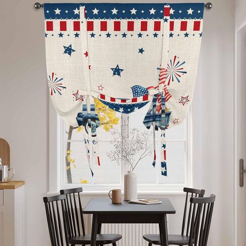 Independence Day Tie Up Curtains for Window, Blue Truck Firework Star Blue Red Flag Thermal Insulated Balloon Shade Adjustable Rod Pocket Curtains Valance Panels for Kitchen Bathroom Café 42'' x 63'' in Saudi Arabia