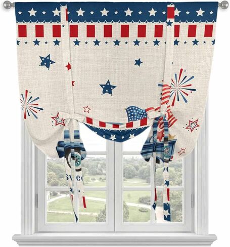 Independence Day Tie Up Curtains for Window, Blue Truck Firework Star Blue Red Flag Thermal Insulated Balloon Shade Adjustable Rod Pocket Curtains Valance Panels for Kitchen Bathroom Café 42'' x 63'' in Saudi Arabia