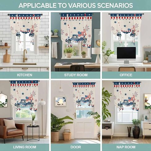 Independence Day Tie Up Curtains for Window, Blue Truck Firework Star Blue Red Flag Thermal Insulated Balloon Shade Adjustable Rod Pocket Curtains Valance Panels for Kitchen Bathroom Café 42'' x 63'' in Saudi Arabia