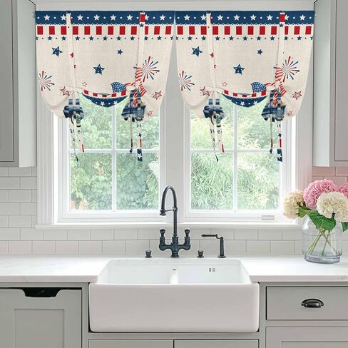 Independence Day Tie Up Curtains for Window, Blue Truck Firework Star Blue Red Flag Thermal Insulated Balloon Shade Adjustable Rod Pocket Curtains Valance Panels for Kitchen Bathroom Café 42'' x 63'' in Saudi Arabia