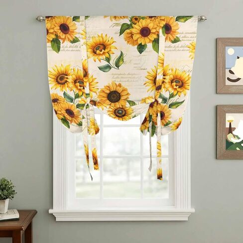 Vintage Sunflower Tie Up Curtains for Window, Yellow Flowers Summer Botanical Retro Art Thermal Balloon Shade Adjustable Rod Pocket Curtains Valance Panels for Kitchen Bathroom Café 42'' x 54'' in Saudi Arabia