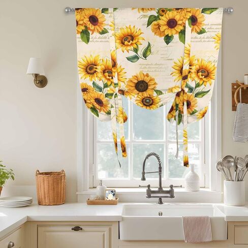 Vintage Sunflower Tie Up Curtains for Window, Yellow Flowers Summer Botanical Retro Art Thermal Balloon Shade Adjustable Rod Pocket Curtains Valance Panels for Kitchen Bathroom Café 42'' x 54'' in Saudi Arabia
