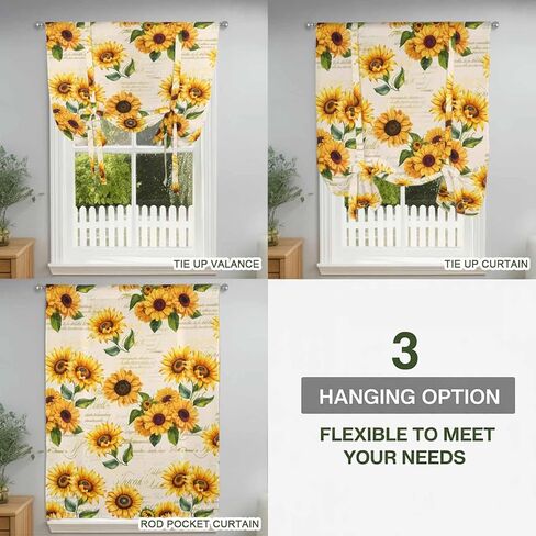 Vintage Sunflower Tie Up Curtains for Window, Yellow Flowers Summer Botanical Retro Art Thermal Balloon Shade Adjustable Rod Pocket Curtains Valance Panels for Kitchen Bathroom Café 42'' x 54'' in Saudi Arabia