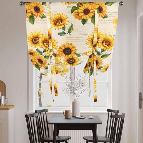 Vintage Sunflower Tie Up Curtains for Window, Yellow Flowers Summer Botanical Retro Art Thermal Balloon Shade Adjustable Rod Pocket Curtains Valance Panels for Kitchen Bathroom Café 42'' x 54'' in Saudi Arabia