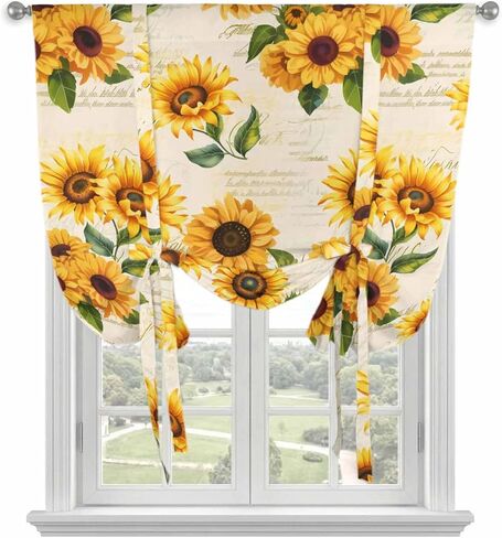 Vintage Sunflower Tie Up Curtains for Window, Yellow Flowers Summer Botanical Retro Art Thermal Balloon Shade Adjustable Rod Pocket Curtains Valance Panels for Kitchen Bathroom Café 42'' x 54'' in Saudi Arabia