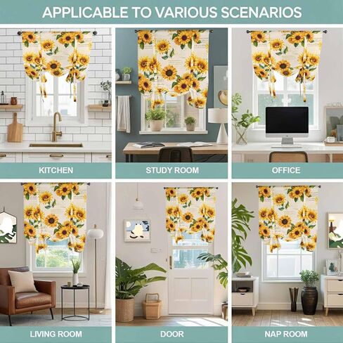 Vintage Sunflower Tie Up Curtains for Window, Yellow Flowers Summer Botanical Retro Art Thermal Balloon Shade Adjustable Rod Pocket Curtains Valance Panels for Kitchen Bathroom Café 42'' x 54'' in Saudi Arabia