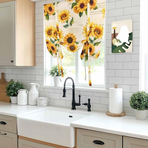 Vintage Sunflower Tie Up Curtains for Window, Yellow Flowers Summer Botanical Retro Art Thermal Balloon Shade Adjustable Rod Pocket Curtains Valance Panels for Kitchen Bathroom Café 42'' x 54'' in Saudi Arabia
