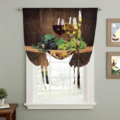 Red Wine Tie Up Curtains for Window, Grapes Glasses Country Wooden Farmhouse Thermal Insulated Balloon Shade Adjustable Rod Pocket Curtains Valance Panels for Kitchen Bathroom Café 42'' x 45'' in Saudi Arabia