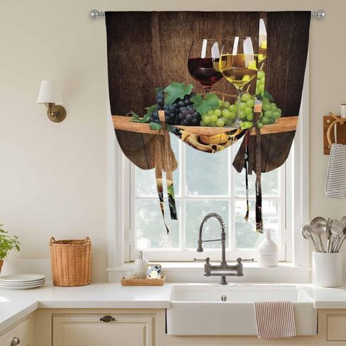 Red Wine Tie Up Curtains for Window, Grapes Glasses Country Wooden Farmhouse Thermal Insulated Balloon Shade Adjustable Rod Pocket Curtains Valance Panels for Kitchen Bathroom Café 42'' x 45'' in Saudi Arabia